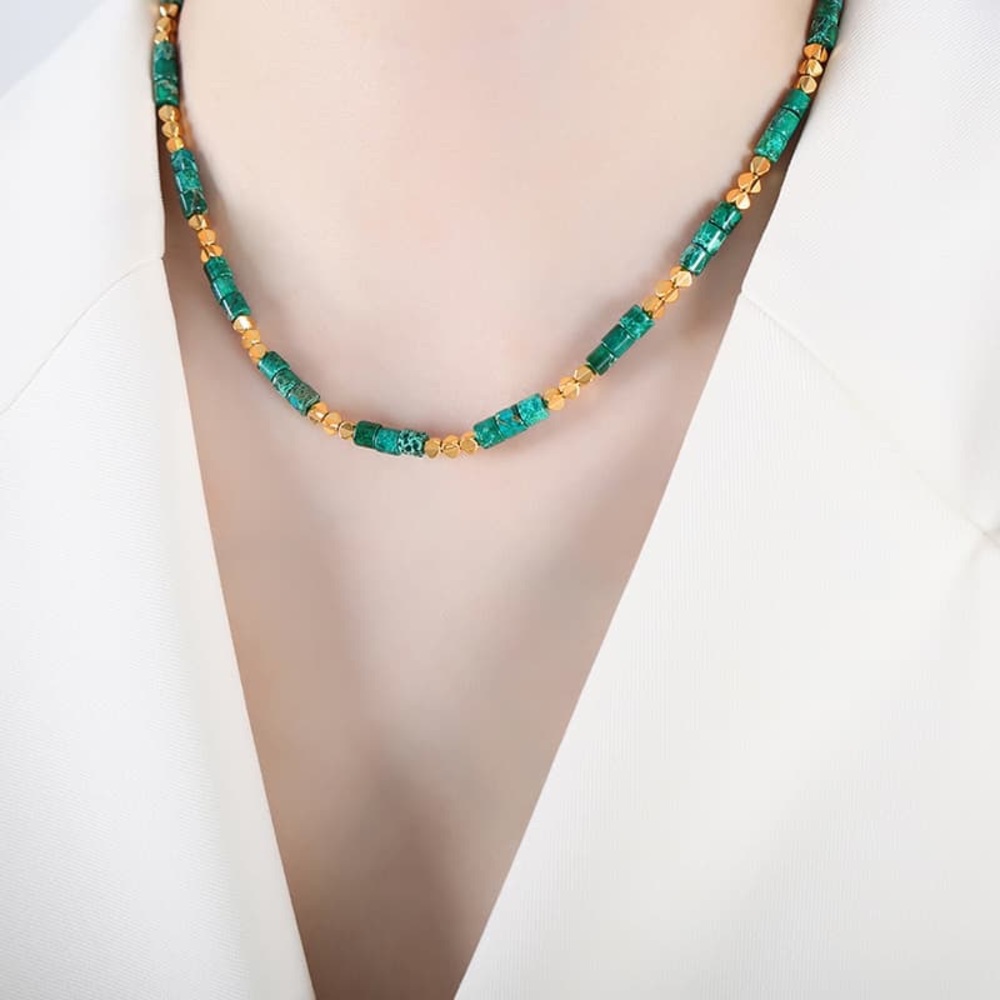 18K Gold Plated Beaded Necklace*Handmade Gemstone*Metallic Design*Green Jasper